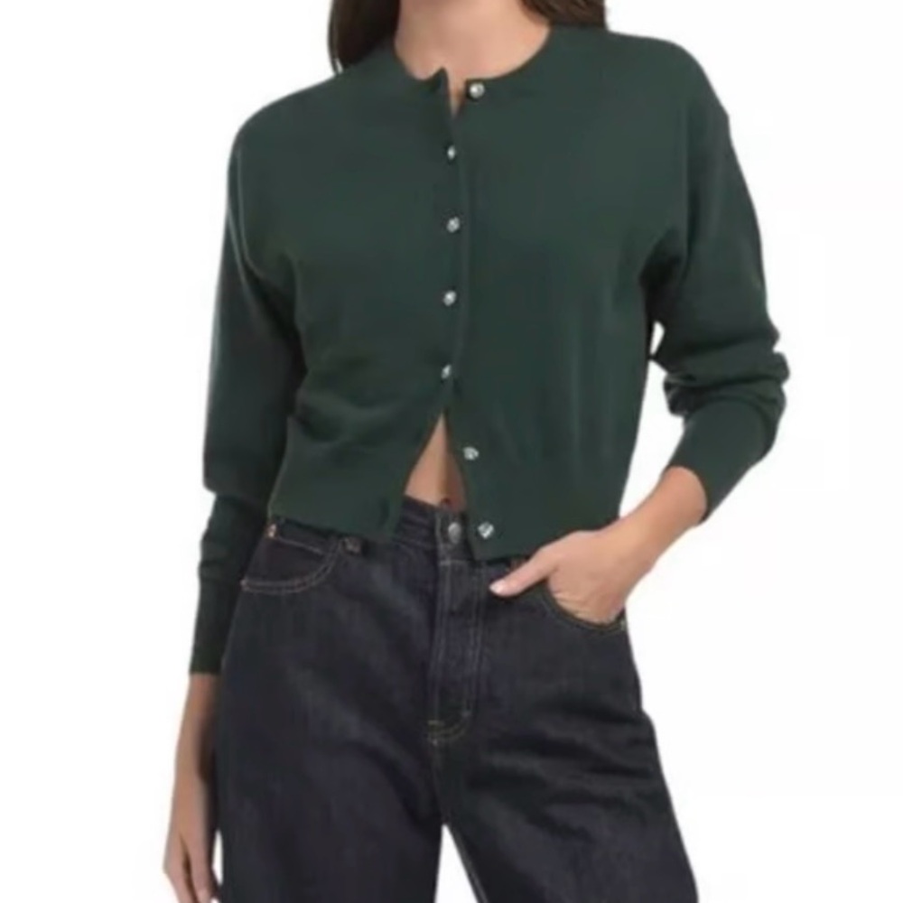 White + Warren Cashmere Rhinestone Button Cardigan Sweater Emerald Green small